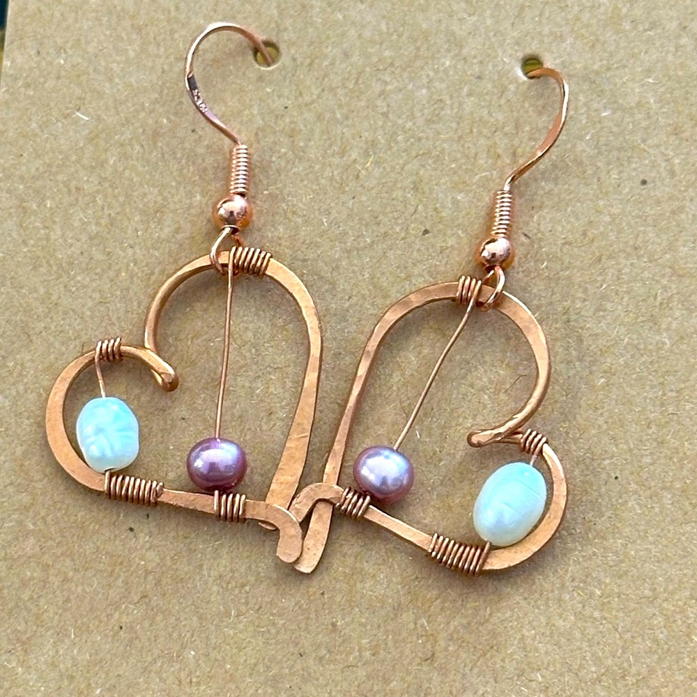 Handcrafted Copper Heart Earrings with Pearl Accents